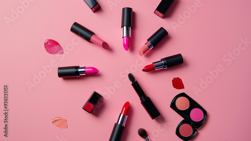 a variety of lipsticks, eyeshadow palettes and blending brushes, on pink background, beauty business