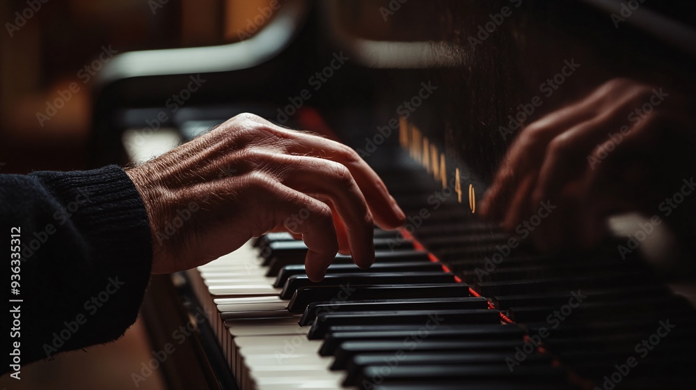 Fototapeta premium A close-up of a pianist's hands gracefully moving over the piano keys, capturing the intricate details of the fingers and the instrument