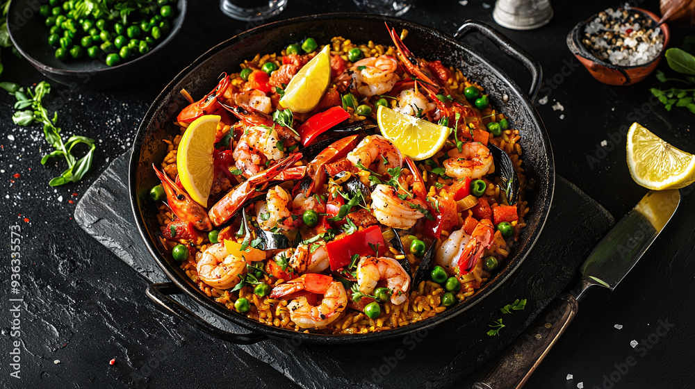 a vibrant Spanish paella, showcasing an assortment of fresh seafood, colorful bell peppers, and peas a vibrant Spanish paella, showcasing an assortment of fresh seafood, colorful bell peppers, and peas