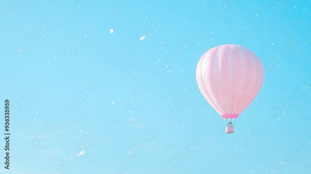 Obraz premium A pink hot air balloon flies in the blue sky, while snowflakes decorate the ground below