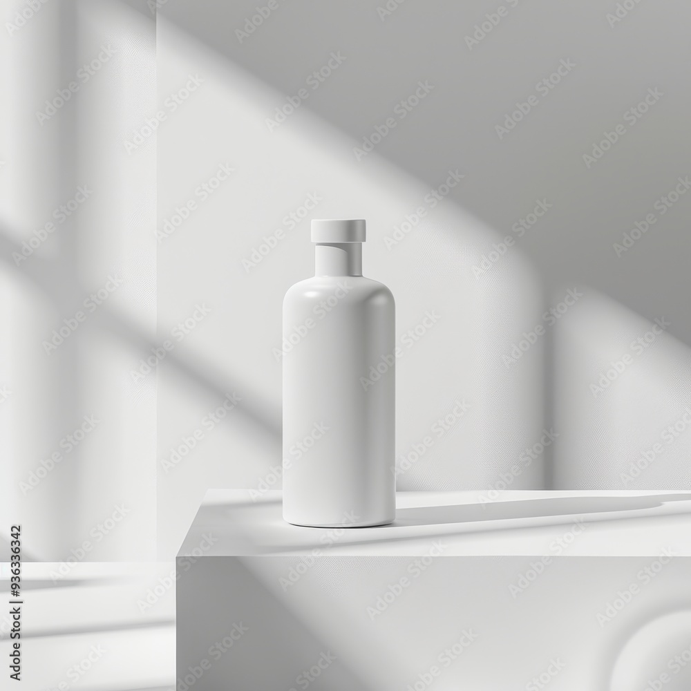 A minimalistic studio setup featuring a white blank product bottle placed on a white surface with soft shadows. A minimalistic studio setup featuring a white blank product bottle placed on a white surface with soft shadows.