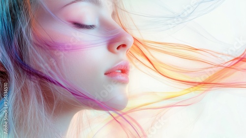 Beautiful transparent woman's face with hair made of colorful pastels