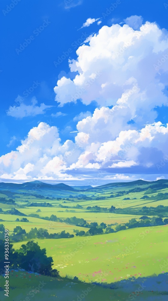 Beautiful grassland, blue sky, and white clouds. Distant mountains in the distance Beautiful grassland, blue sky, and white clouds. Distant mountains in the distance