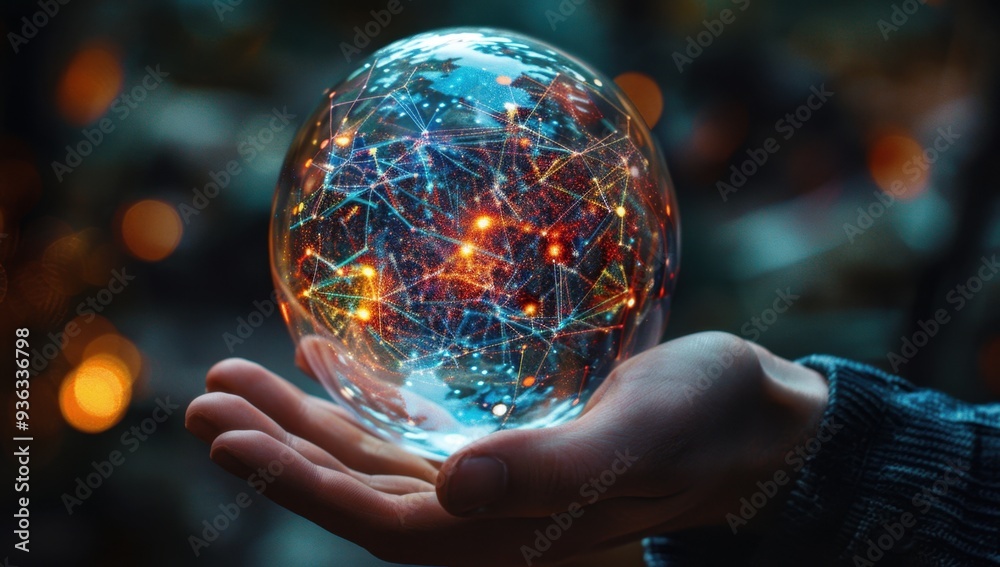 Fototapeta premium A man holds in his hand a sphere of neural networks, with transparent and colorful lines and dots inside it, set against a dark, blurred background Generative AI