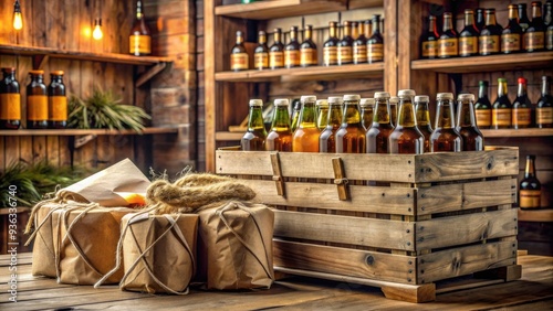 A rustic wooden bar counter displays an array of craft beers, adorned with brown paper wraps and twine, surrounded by wooden crates and vintage decor.