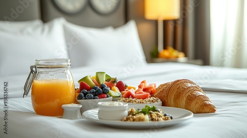  A platter of fruit, a croissant, two croissants, and an orange juice glass on a bed