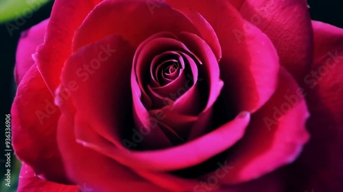 Gorgeous red rose blooming on black background. Time lapse close-up of petals unfolding