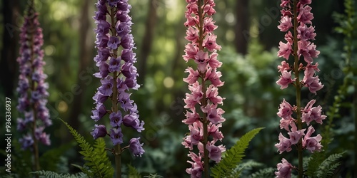 A tall narrow frame filled with towering foxgloves and delicate ferns. photo