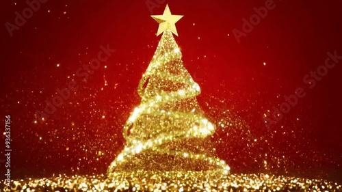 Golden Lights Drawing a Christmas Tree on Red Background