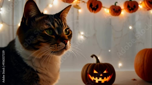 Halloween kitty Feline in an orange witch's hat. Pets concept, love for animals. Halloween party preparations with festive decor