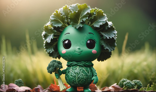 A green, smiling character made of vegetables stands in a field of grass