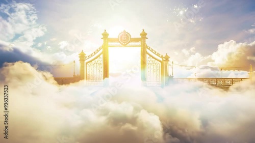 Heavenly Gate Amidst Radiant Clouds A Majestic Scene with Soft Diffused Lighting and Ethereal Ambiance