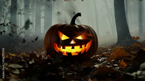 Halloween Pumpkin in a Creepy Forest A menacing carved pumpkin glows eerily amidst dark, twisted trees and swirling fog, setting