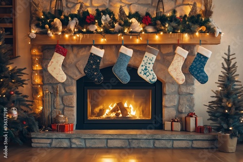 Festive Christmas mantel with stockings hanging above a cozy fireplace, adorned with greenery and warm lights, inviting holiday atmosphere, traditional winter decor, selective focus

