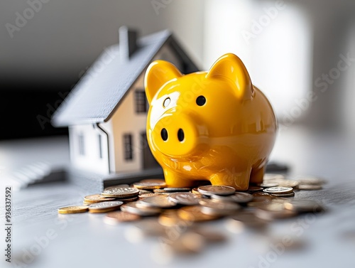 Saving for a Home A Piggy Bank Coins and a Miniature House in Focus