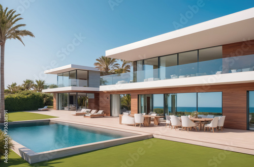 A modern villa with a swimming pool and patio furniture is situated on a grassy lawn overlooking the ocean photo