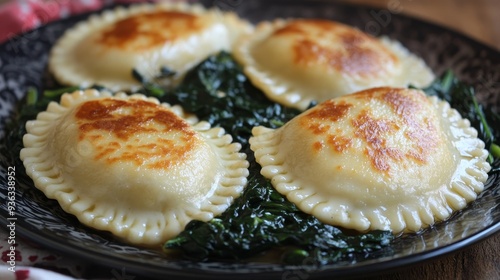 Golden Dumplings on Spinach Closeup of Buttery Crispy Pastries with Deep Green Leafy Greens on a Black Plate