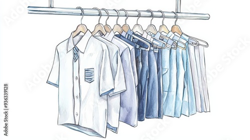 School uniforms hanging on a rack, watercolor illustration, soft tones, isolated on white background