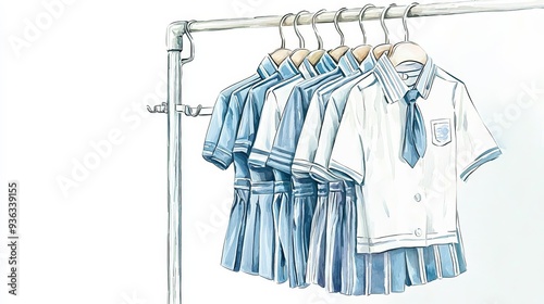 School uniforms hanging on a rack, watercolor illustration, soft tones, isolated on white background