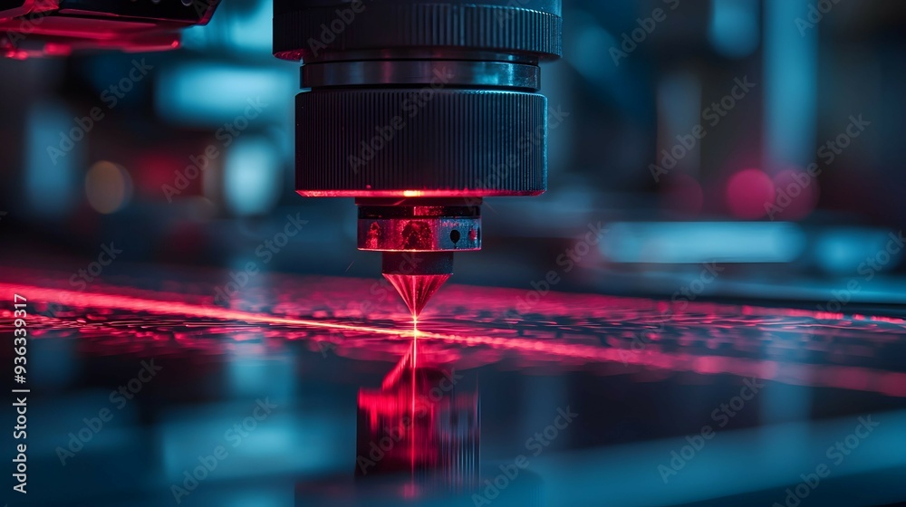 Laser Cutting Machine Close Up with Red Light Beam Laser Cutting Machine Close Up with Red Light Beam