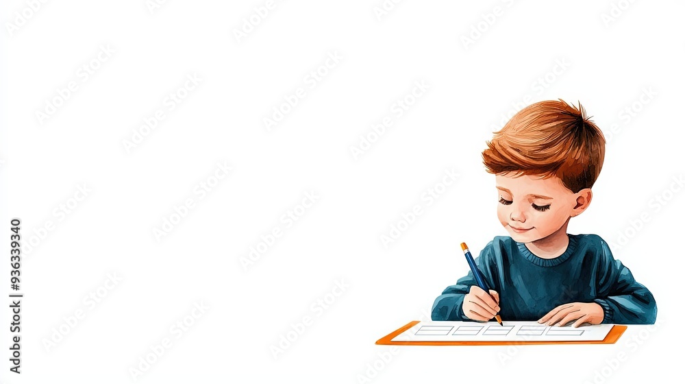 A child checking off a homework planner before bedtime, watercolor illustration, warm tones, isolated on white background A child checking off a homework planner before bedtime, watercolor illustration, warm tones, isolated on white background