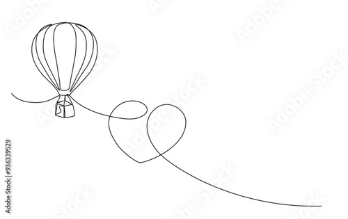 Continuous line drawing of Air balloon with love shape. Hot air ballon in simple outline illustration. Travel and adventure concept.