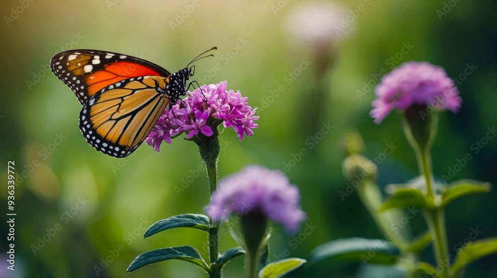 A monarch butterfly rests delicately on a vibrant purple flower in a serene garden A monarch butterfly rests delicately on a vibrant purple flower in a serene garden