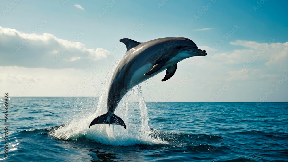 Fototapeta premium A dolphin leaps gracefully out of the ocean, silhouetted against a bright blue sky