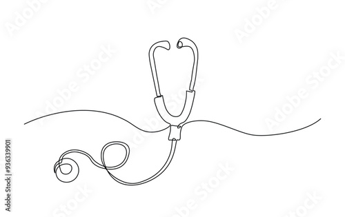 Medical tool - stethoscope in simple outline illustration. Continuous line drawing of stethoscope.
