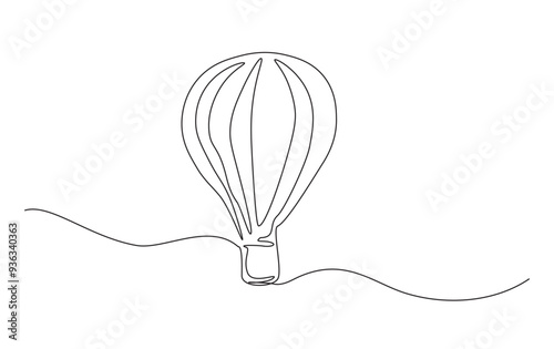 Hot air ballon in simple outline illustration. Continuous line drawing of Air balloon. Travel and adventure concept.