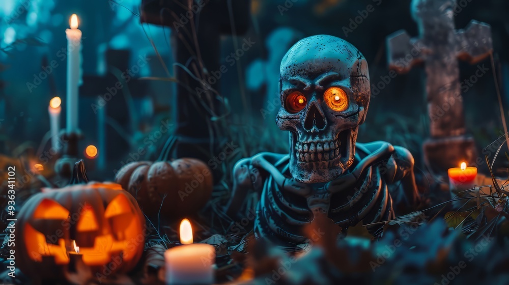 Skeleton in a graveyard cemetery, spooky halloween concept, pumpkins and candles. Skeleton in a graveyard cemetery, spooky halloween concept, pumpkins and candles.