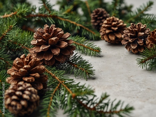 christmas border with fir branches and cones on white.