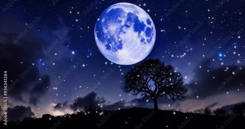 A stunning view of the full moon illuminating a starry night sky over a tranquil landscape with silhouetted trees A stunning view of the full moon illuminating a starry night sky over a tranquil landscape with silhouetted trees