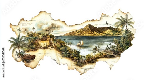A Hawaiian island map, geographic illustration, vintage style, muted earth tones, isolated on white background