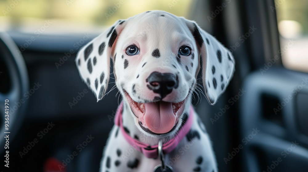 cute and happy Dalmatian puppy inside a vehicle