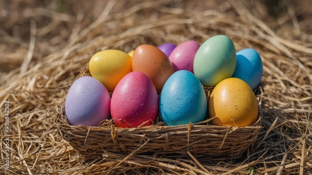 Colorful easter eggs in straw hat flat lay.