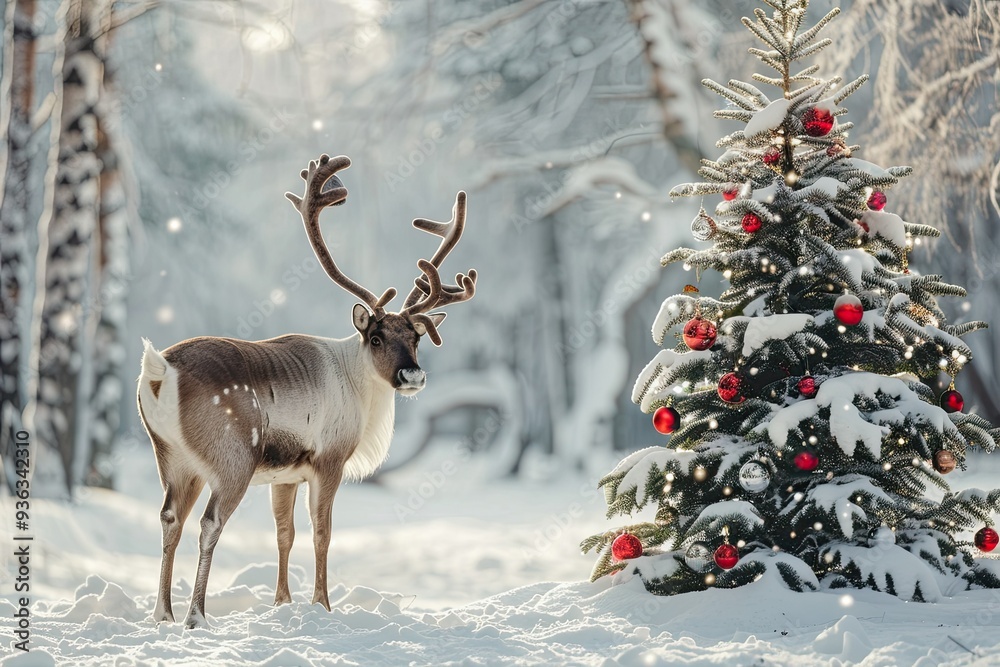 Christmas card with a snowy scene of a reindeer standing beside a decorated Christmas tree in a winter forest Christmas card with a snowy scene of a reindeer standing beside a decorated Christmas tree in a winter forest