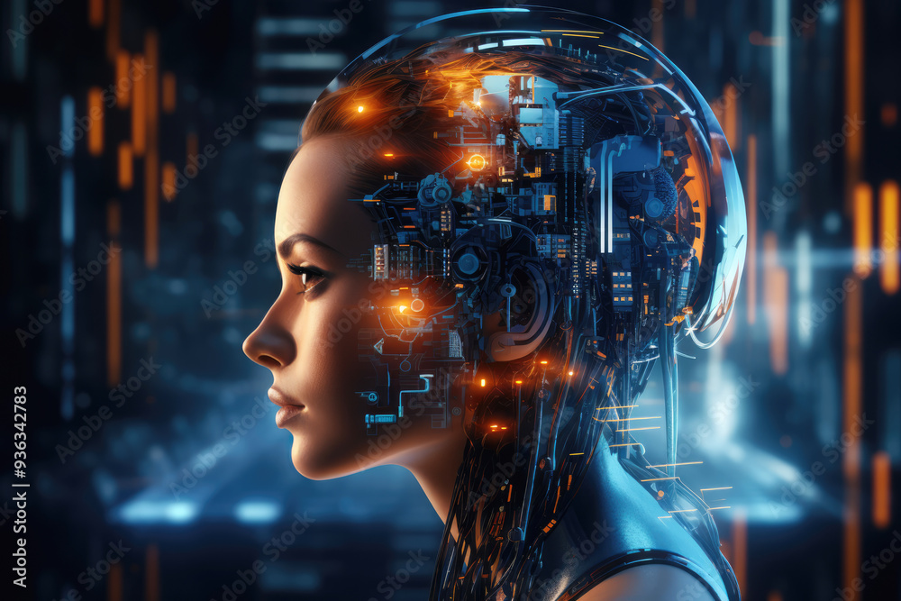 generated illustration of female robot face with computer artificial intelligence. generated illustration of female robot face with computer artificial intelligence.