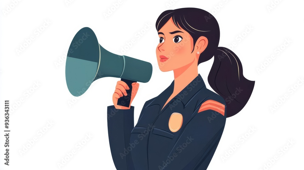 A lady in a security uniform, turning on an office siren, serious expression, flat , isolated on white background A lady in a security uniform, turning on an office siren, serious expression, flat , isolated on white background