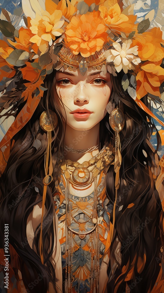 A bohemian portrait of a woman adorned with a vibrant floral headdress, featuring orange and white flowers. She has long. A bohemian portrait of a woman adorned with a vibrant floral headdress, featuring orange and white flowers. She has long.