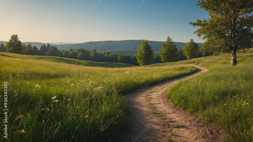 Obraz premium A peaceful meadow with a path leading into the horizon.