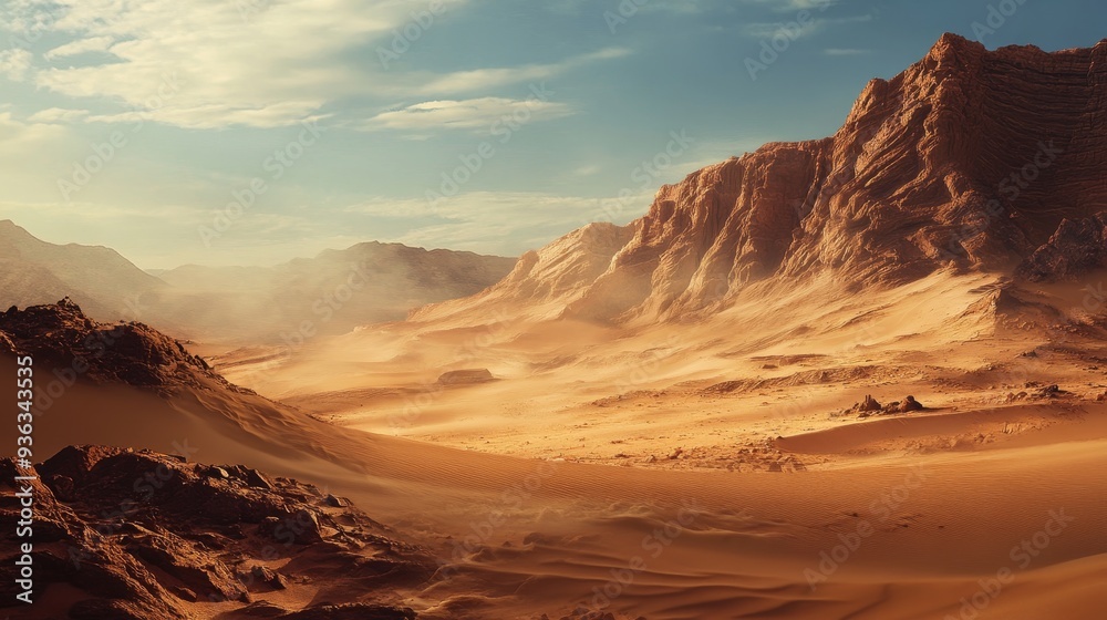 Fototapeta premium Serene Beauty of the Arid Desert: Stunning Golden Sand Dunes and Endless Horizons under Clear Blue Skies