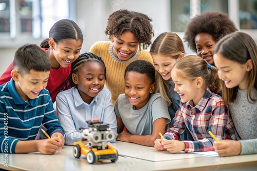 Young Students Engage in Robotics Learning. A group of enthusiastic children, ranging from diverse ethnic backgrounds, gather around a table in a classroom setting.  photo