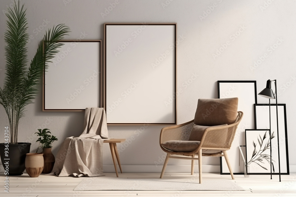 Modern living room interior with furniture and empty photo frames mockup