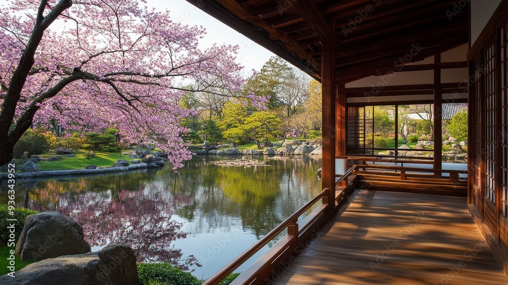 Fototapeta premium Serene Japanese Cherry Blossom Garden - A Photorealistic Springtime Idyll