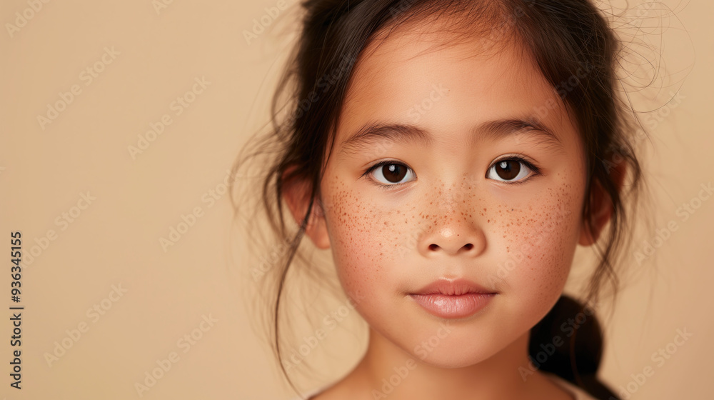 Beautiful Asian Child with Freckles, Isolated on a Blank Background with Creative Abstract Composition with copy space for text Beautiful Asian Child with Freckles, Isolated on a Blank Background with Creative Abstract Composition with copy space for text