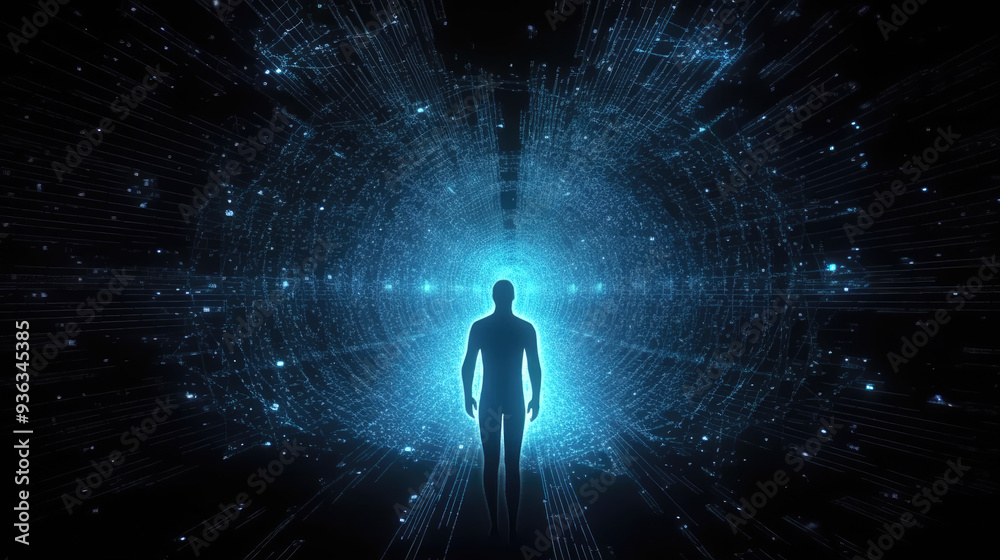 generated illustration back view of man is in a different world or dimension generated illustration back view of man is in a different world or dimension