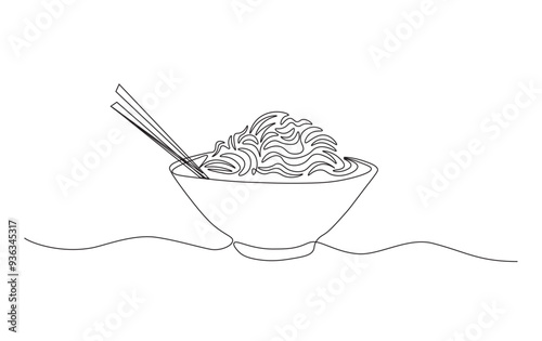 Continuous line drawing of noodles in the bowl with chopsticks. Ramen noodles in simple outline illustration.