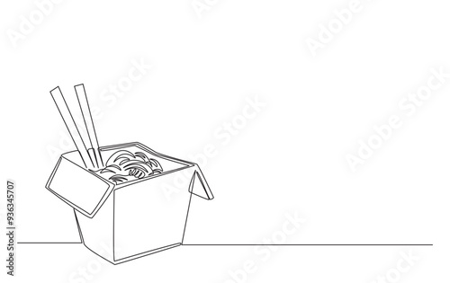 Continuous line drawing of Ramen Noodles in paper box. Noodles simple outline illustration.