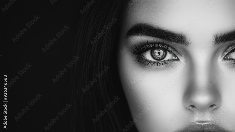 Striking Half-Face Contrast, a captivating close-up of a beautiful woman's face, one side in deep black, engaging directly with the viewer, evoking strong emotions.